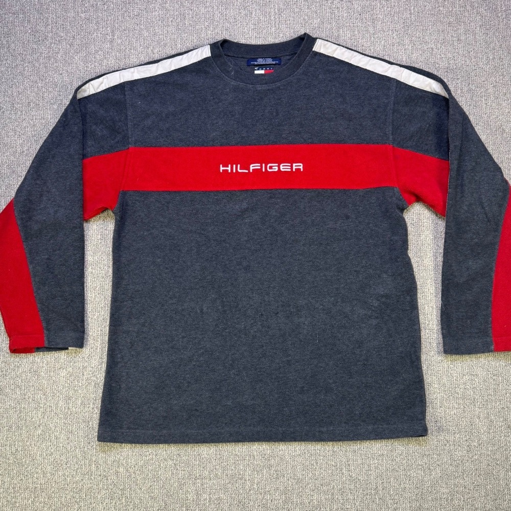 Tommy Hilfiger Colorblock Logo Crewneck Pullover Sweatshirt Gray Red XL‎